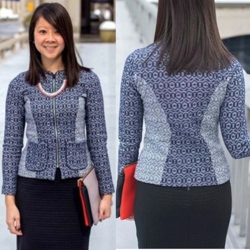 Rosie Neira Navy Geometric Cotton Knit Full Zip Fitted Jacket